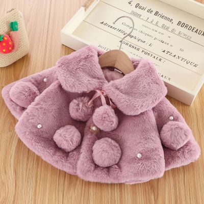 Peuter Winter Warme Kleding Solid-Kleur Brede Revers Lange Batwing Mouw Bontjas Met Pompon Parel Decoratie Meisje 0-4 Y