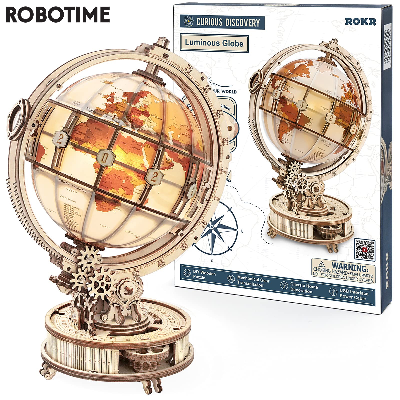 Robotime ROKR Luminous Globe 3D Wooden Puzzle Games Assemble Model Buliding Kits Toys for Children Boys