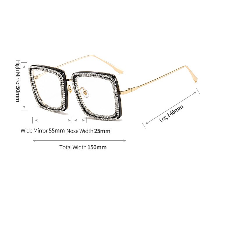 Brilmontuur met strass, heldere glazen, vierkante bril, metalen montuur, optische bril zonder sterkte, transparante bril