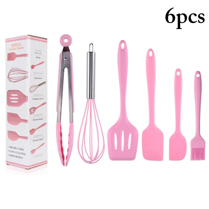 6 unids/set juego de utensilios de cocina resistente al calor de silicona de grado de alimentos utensilio de cocina utensilio para hornear accesorios de utensilios para cocina: Pink