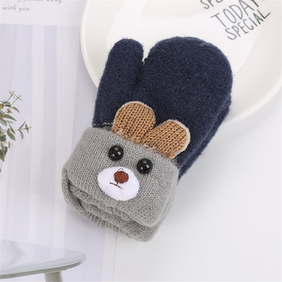 Warmom Cute Ear Bear Cartoon guanti per bambini inverno lavorato a maglia lana doppio strato più velluto guanti caldi spessi guanti per bambini per 0-3Y: navy