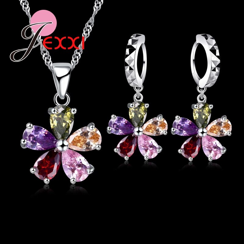 Five Petaled Flowers Shinning Colorful CZ Crystal Pendant Jewelry Sets 925 Sterling Silver Necklace + Dangle/Hoop Earring Sets