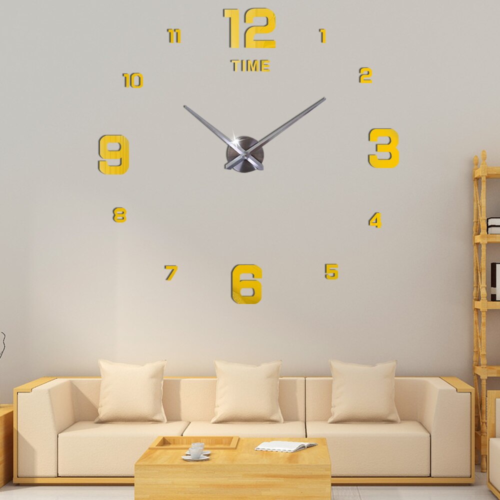 Horloge murale 3D à Quartz, moderne, 47 pouces, à miroir, autocollant, décoration du salon, en acrylique, DIY: Gold