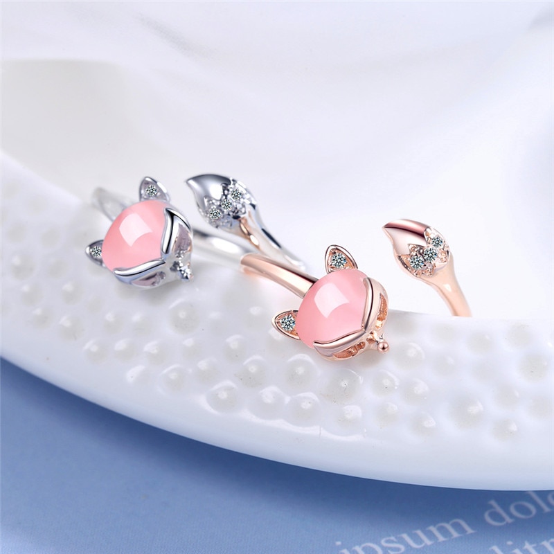 Cute Female Pink Moonstone Adjustable Ring Rose Gold Color Wedding Rings For Women Classic Promise Fox Thin Engagement Ring