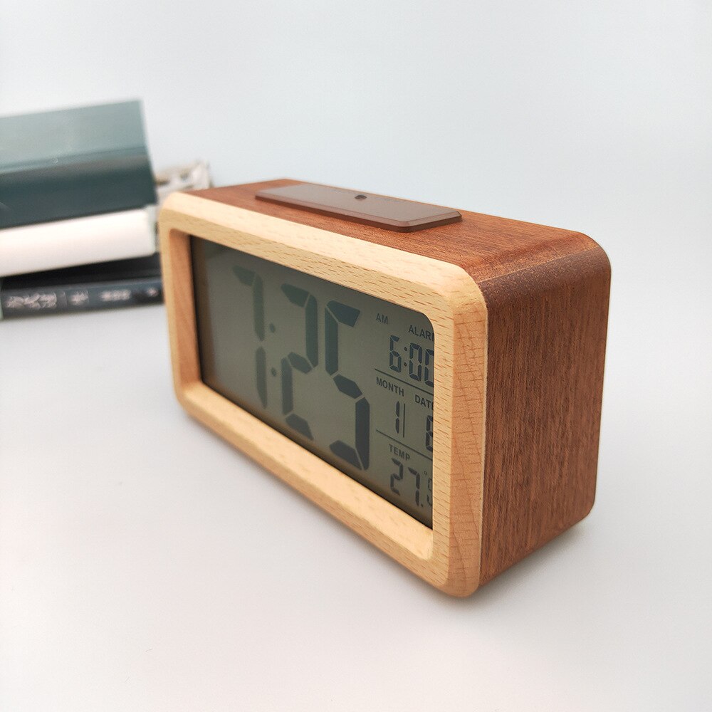 Houten Digitale Wekker, Smart Sensor Nachtlampje Met Snooze, Datum, Temperatuur, 12/24Hr Schakelbare, Massief Houten Shell: Bruin