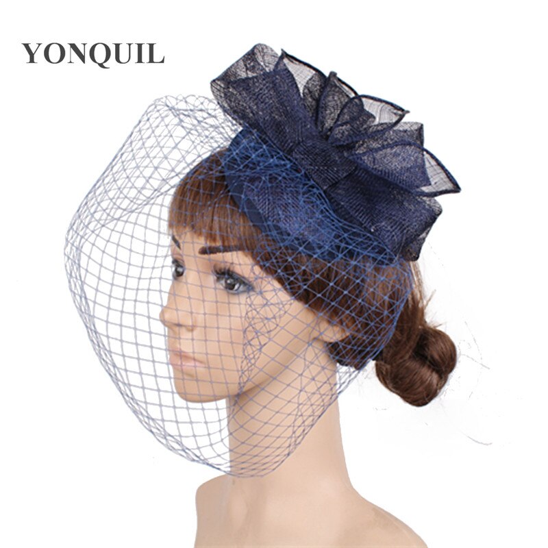17 Colors bridal party wedding hat veils sinamay fascinator cocktai headpiece birthday veilling hats millinery MYQ097: navy
