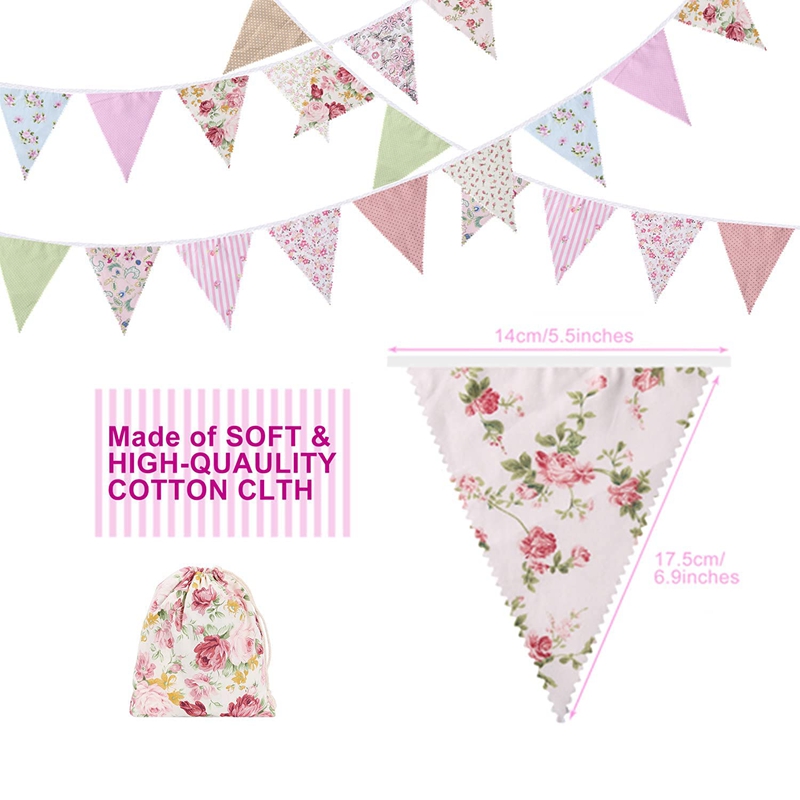 40Ft Fabric Bunting, 42Pcs Outdoor Bunting Banner,Floral Vintage Cotton Triple-cornered Flag for Garden Birthday Party