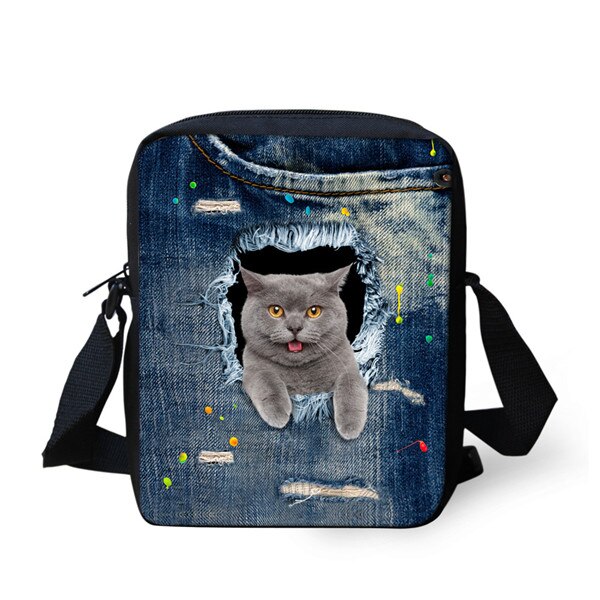 Instantarts Kawaii 3D Denim Kat Print Vrouwen Mini Messenger Bag Mode Dames Reizen Schoudertas Cross Body Bags: CA4916E