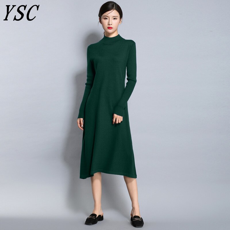 YUNSHUCLOSET lente vrouwen Gebreide Kasjmier Wol Jurk Half Hoge kraag Lange stijl Effen kleur Jurk: Blackish green