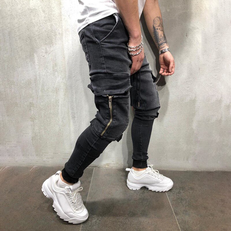 Jean homme avec poche pantalons décontractés jean pour homme vêtements Hip Hop sarouel jean homme pantalon de sport Joggers # w