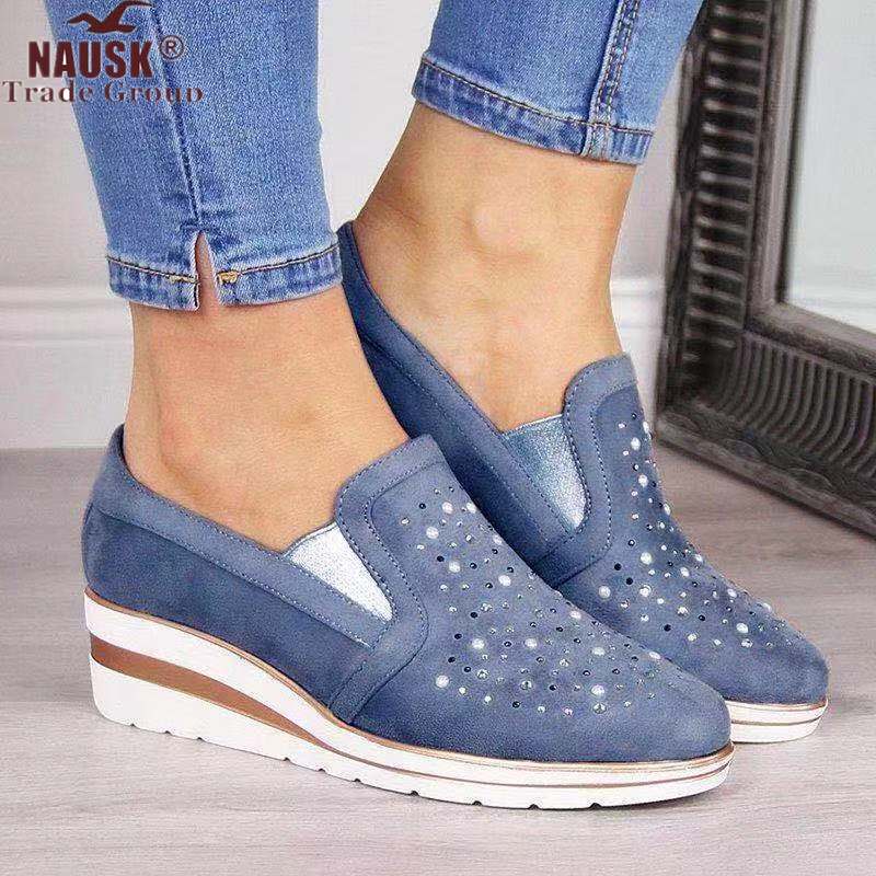 Women's Mesh Wedge Shoes Diamond Slip-on Cotton Casual Shoes for Woman Walking Sneakers Loafers Soft Shoes Zapato