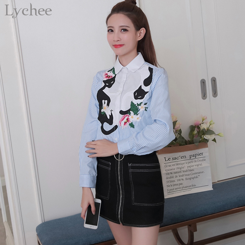 Lychee Mori Girl Women Blouse Cat Flower Embroidery Stripe Casual Loose Long Sleeve Spring Autumn Shirt Tops