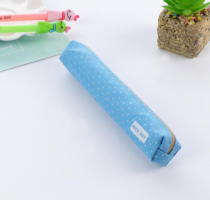 1pcs/lot Solid Color Polka Dot Pencil Bag for School Students , Candy Color Slim Long Pencil Bag: Blue