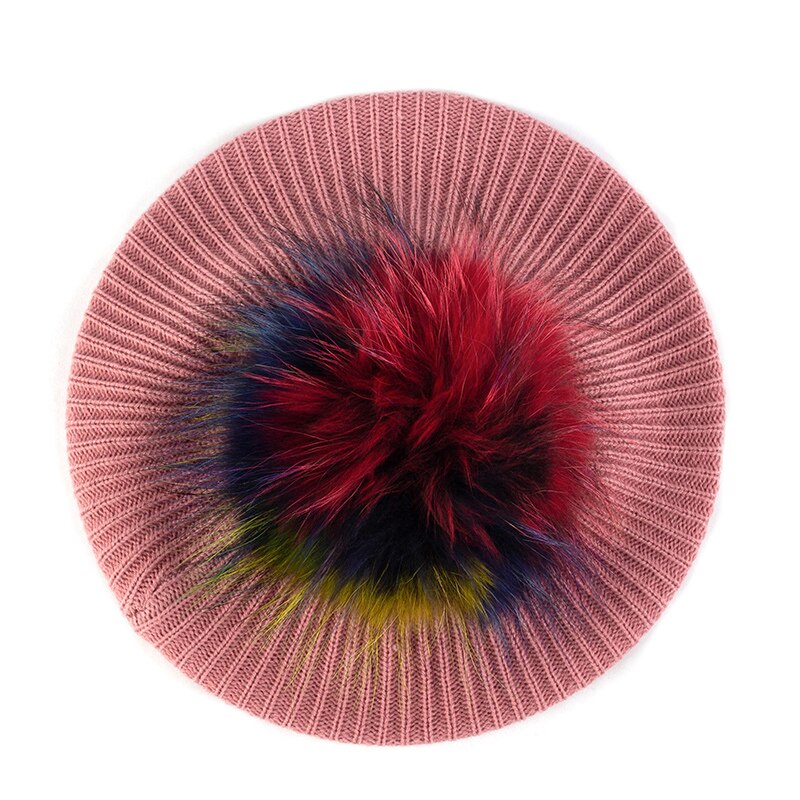 Vrouwen & # 39;s Gebreide Elegante Baretten Zacht Met Echte Pompom Vrouwelijke Kunstenaar Mode Retro Hoeden Dame Effen Kleur Franse Eenvoud Caps: MULTI