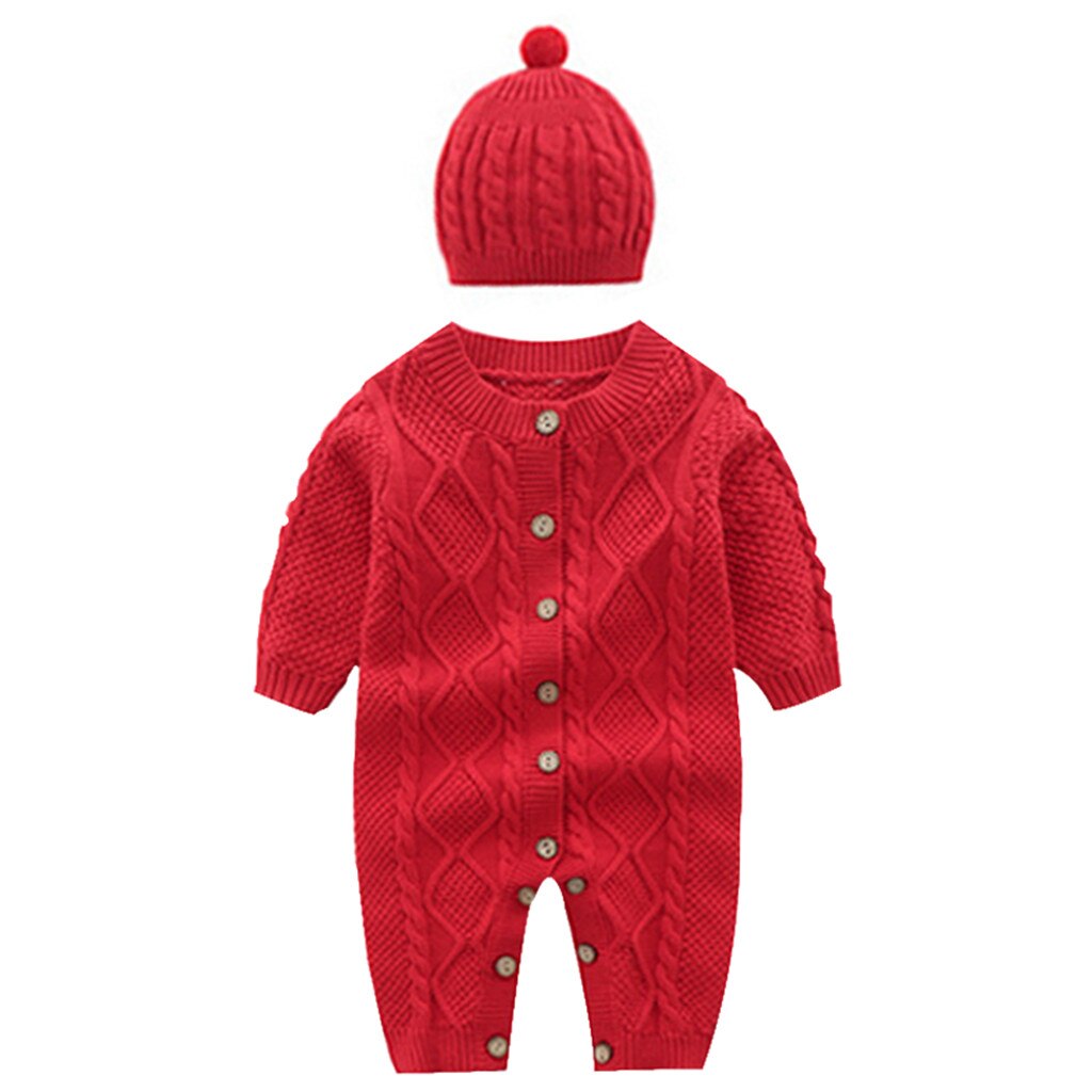 2 Pcs Infant Baby Mädchen Jungen Pullover Stricken Spielanzugoverall Häkeln Hüte Neue Geboren Jungen Kleidung Winter Baby Overall Romper kostüm: Red / 12m