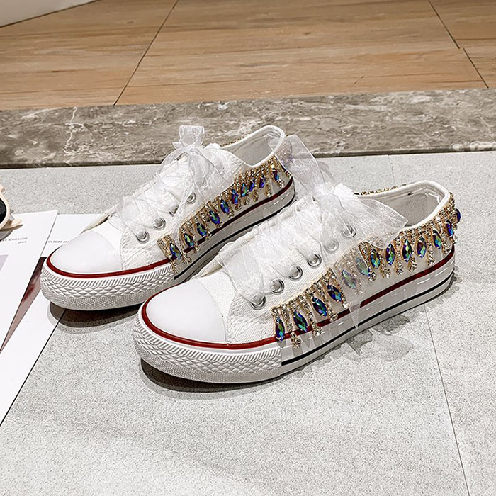 Baskets femmes perles cristal chaussures femmes toile chaussures loisirs à lacets baskets basses noir blanc basket Femme: WHITE / 37