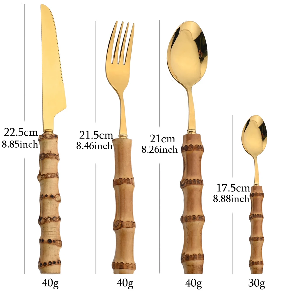 16 Stuks Natuur Bamboe Handvat Bestek Rvs Servies Sets Mes Vork Lepel Puur Natuurlijke Bamboe Servies Set