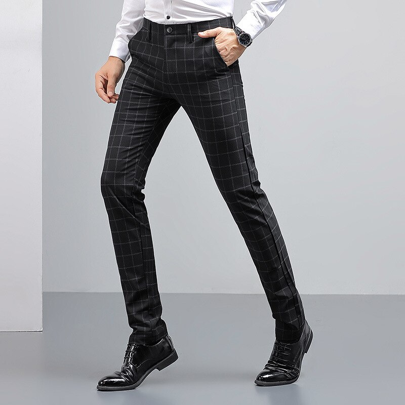 Spring Plaid Casual Pants Mens Straight Black Suit Pants Trousers For Men