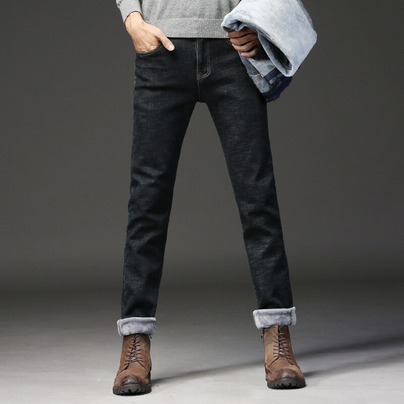Vinterjeans mænd sort slim fit stretch tykke fløjlsbukser varme jeans afslappede fleecebukser herre plus size tøj: Sort / 40