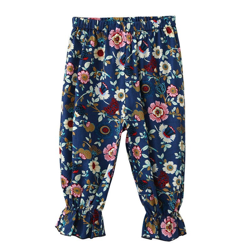 Børn baby piger bukser tøj blomstret trykt elastik talje mid wasit blomster cropped bukser pink gul marineblå: Blå / 6t
