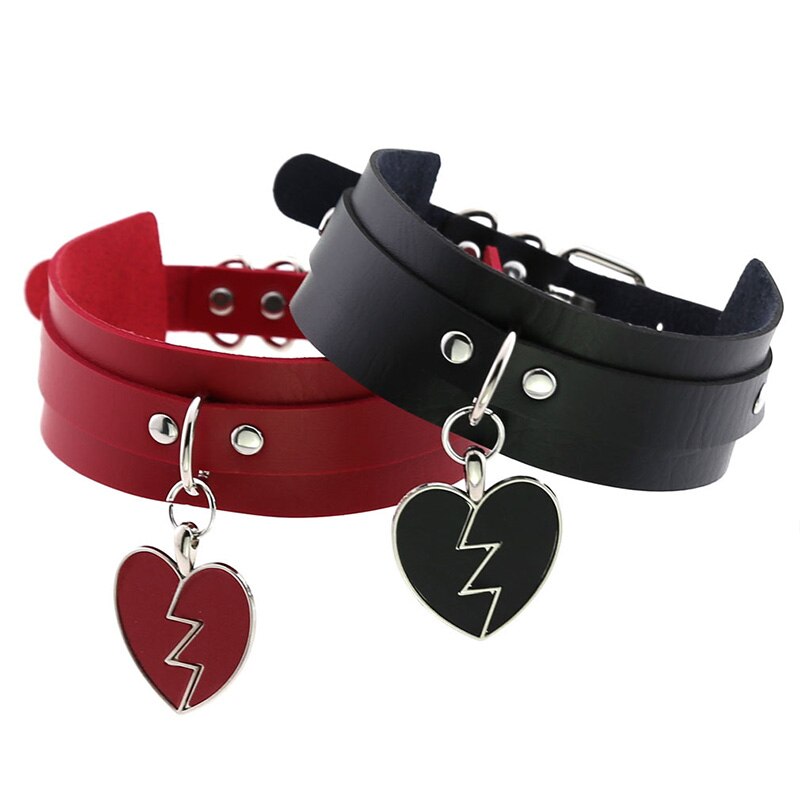 Weibliche Breite Leder Halsband Verstellbare Halsketten Punk Nacht Club Party Jewely Blitz Liebe Herz Anhänger Kragen Halsketten