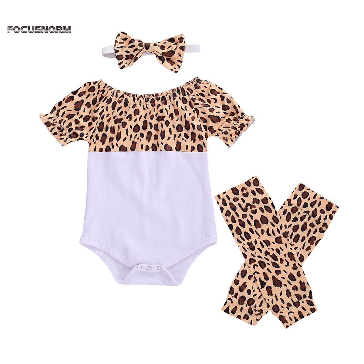 0-24m baby meisjes jongens bodysuits 3 stuks luipaardprint ruches korte mouwen jumpsuits beenwarmers hoofdband