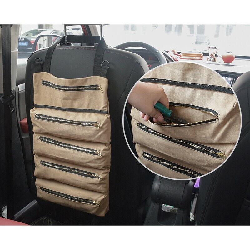 Multifunction Roll Up Canvas Tools Bag Wrench Storage Carrier Pouch Car Back Seat Organizer Hanging Bag