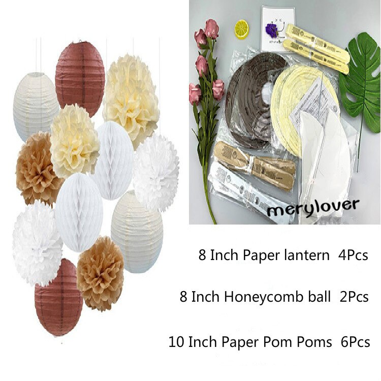 12pcs/set Mixed Paper Lantern Paper Honeycomb Ball Hanging Paper Pom PomsWedding Birthday Decor DIY Baby Shows Party Supplies: beige coffee 12pcs