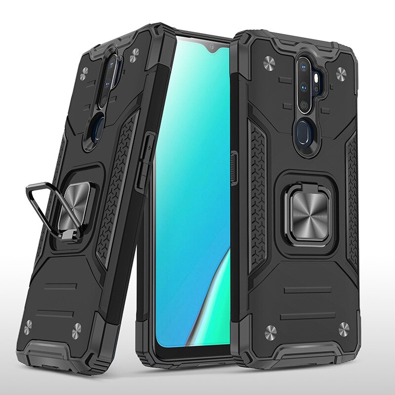For OPPO A5 Case Hard PC With Stand Ring Armor Shockproof protective back cover case for OPPO A9 A5 full cover shell: For OPPO A5 2020 / Black