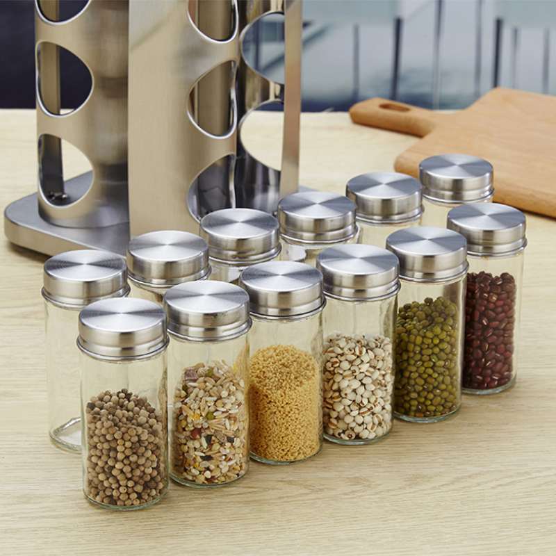 de caja de condimentos rotatoria, bote para sal de acero inoxidable, tarro de condimento de vidrio, caja de suministros de cocina condimentos, temporada