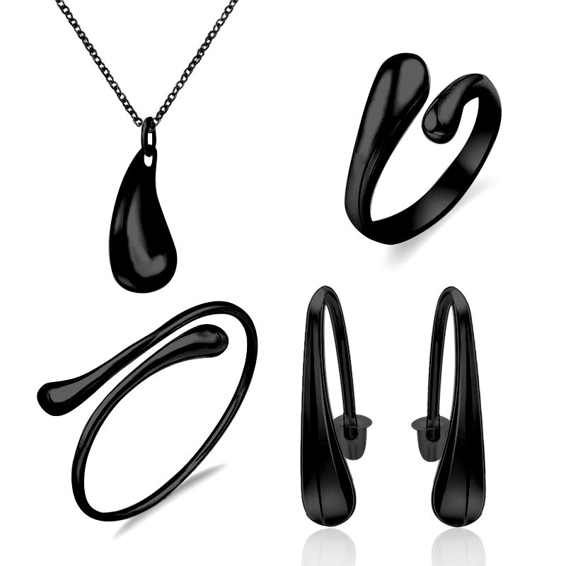 Ensemble de bijoux plaqué argent, ensembles de fête de mariée bon marché, ensemble de quatre pièces, collier en forme de goutte d'eau, boucles d'oreilles, boucles d'oreilles, pour femmes: Pistolet noir plaqué