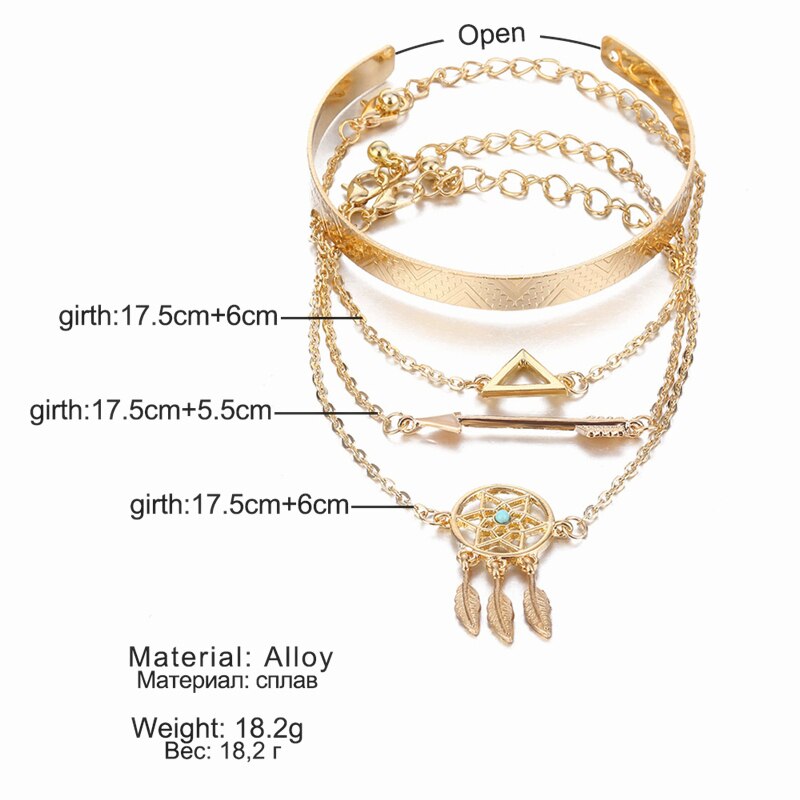 4 unids/set, triángulo flecha sueño Catcher pulsera para las mujeres de Simple abrir brazaletes de pulseras de joyería al por mayor
