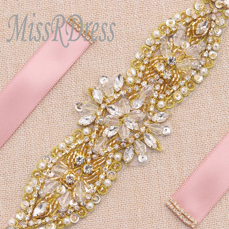 Missrdress håndlavede perler bryllupsbælte guld rhinestones brude sash perler krystal brude bælte til brudekjoler  jk890