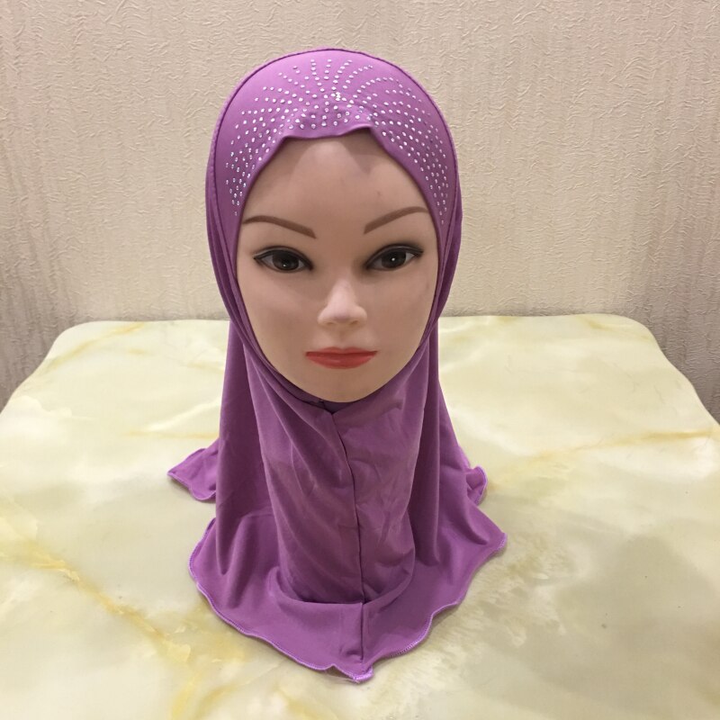 H003 fit 2-7 lat mała dziewczynka hidżab kapelusze z koronką muzułmańska chusta islamska chustka na głowę kapelusz amira pull on headwrap: light purple