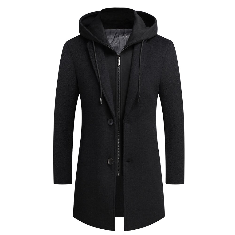 Männer Mit Kapuze Wolle Jacke Winter Herbst Herren Lange Winddicht Wolle Mantel lässig Dicken schlank passen Jacke Männlichen modisch Koreanische für Junge: Schwarz / L