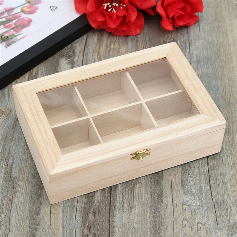 --6 Compartments Tea Box Natural Wood Tea Bag Durable Jewelry Organizer Storage Box Wood Sugar Boxes Packet Contai
