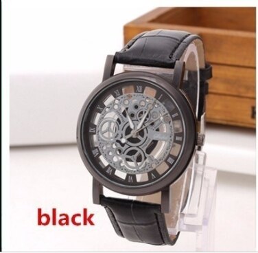 Business Skeleton Horloge Mannen Gravure Holle Reloj Hombre Jurk Quartz Horloge Lederen Band Vrouwen Klok: Black