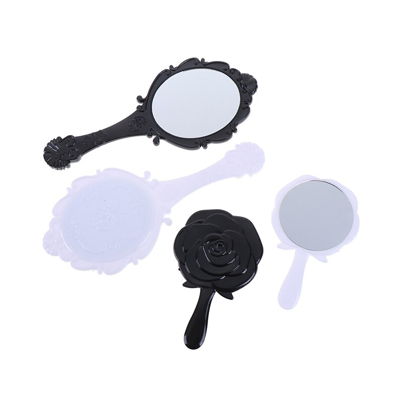 1PC Round Cosmetic Hand Held Mirror Mirror Handhold Makeup Mirror Repousse Floral Oval With Handle For Ladies Black/White