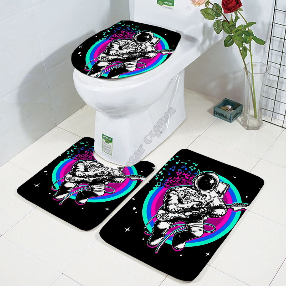 Galaxy astronaut Three-piece set 3D printed Bathroom Pedestal Rug Lid Toilet Cover Bath Mat Set 03: 9