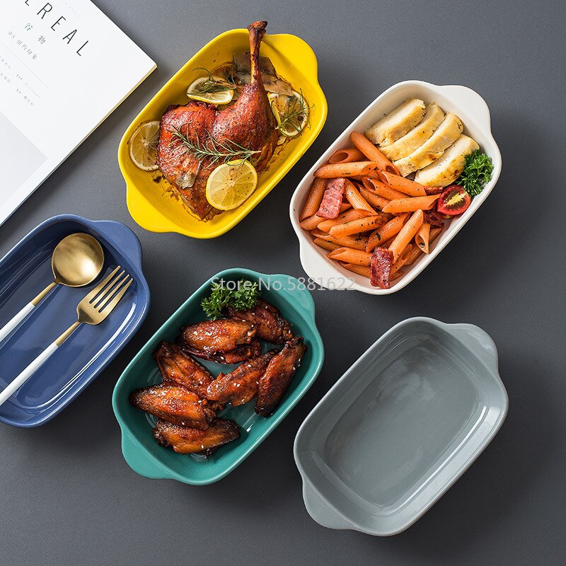 Ceramic Baking Dish Roasting Lasagna Pan Rectangular Dish Bakeware with Handle Microwave Hand-painted Dessert Plate