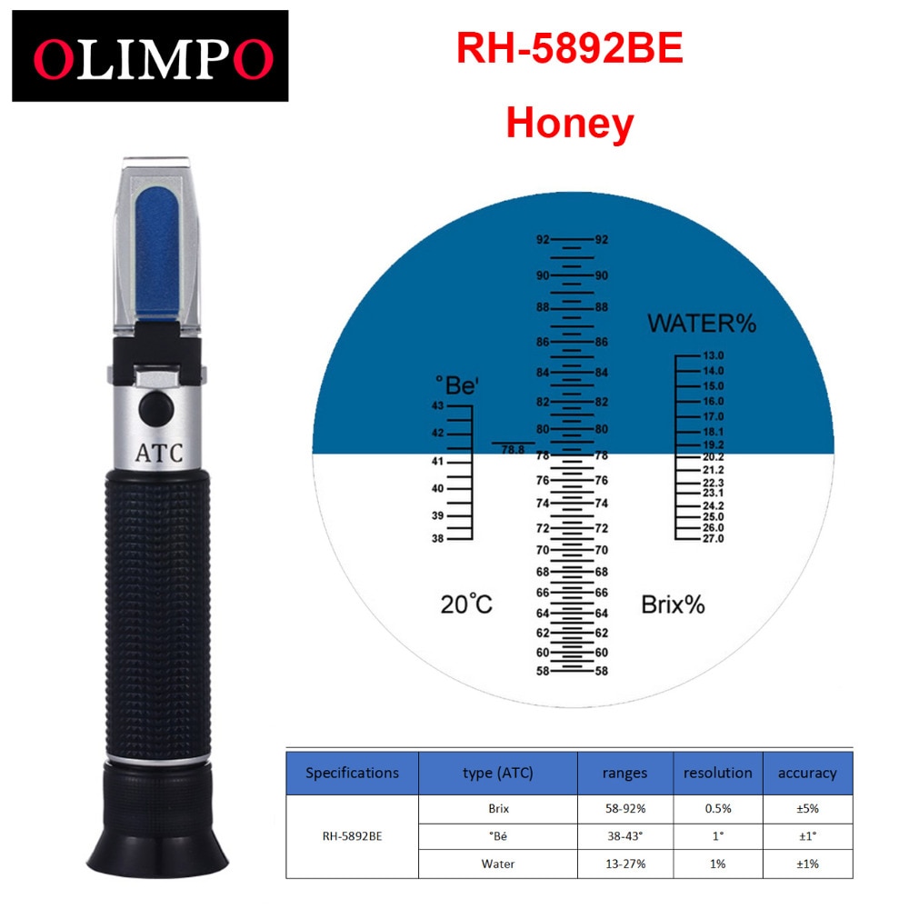 Olimpo Hand Refractometer Honing Met 58-92% Brix 13-27% Water 38-43% Baume Honing Vocht Tester homebrew Imker