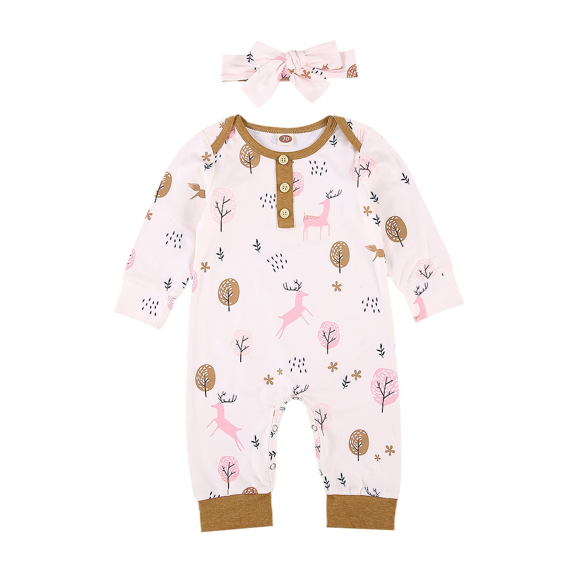 2 pièces bébé filles garçons coton dessin animé Elk costume rose clair à manches longues combinaison ample bouton décoration mignon Bow bandeau 0-12M