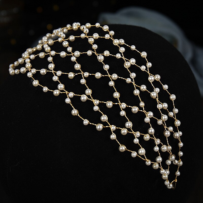 Vintage Baroque Gold Pearls Tiaras Headbands Handmade Bridal Wedding Hair Accessories Hairbands Hair Vines Women Hair Jewelry