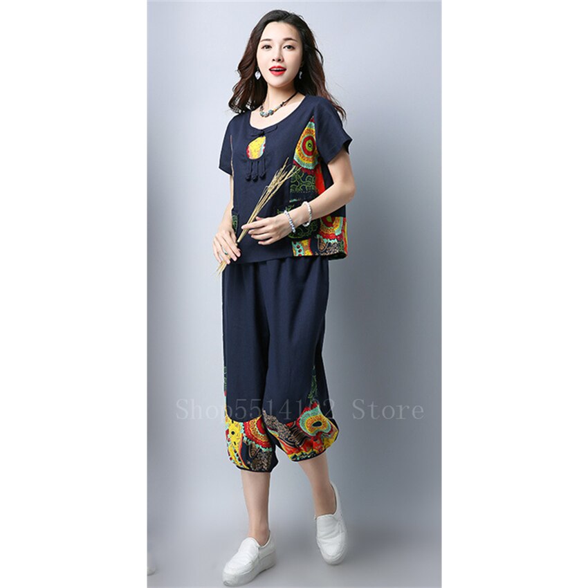 Nationale Stijl Vintage Tang Pak Vrouwen Print Korte Mouw Gesp Top Katoen Losse Broek Chinese Felame Zomer Outsuit: Color 2 / M