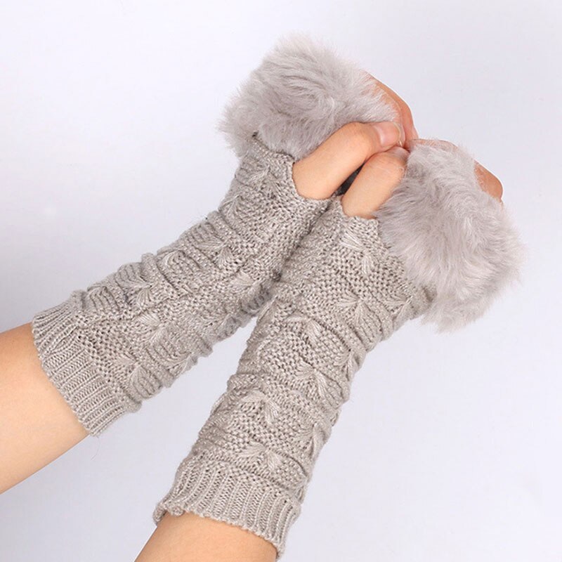 Guantes sin dedos para mujer, de lana de imitación, Crochet, calentador de muñeca , cálido para manos, mitones de medio dedo, invierno,: light grey