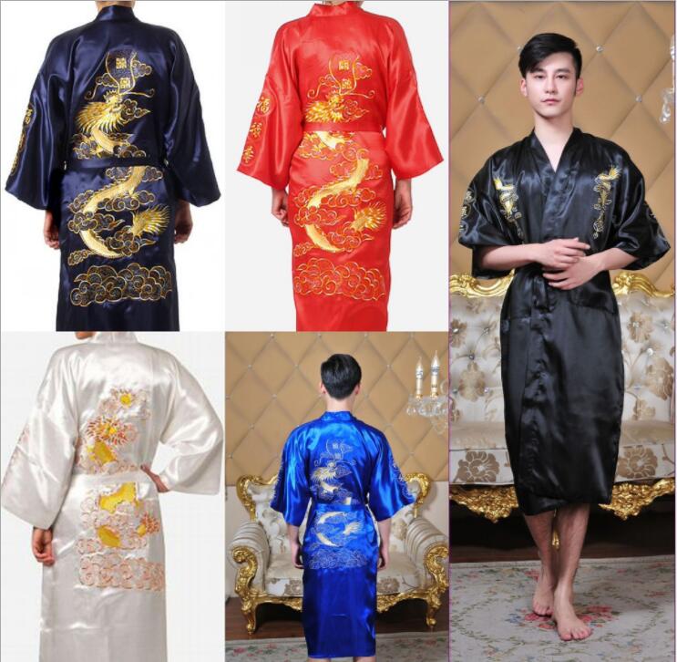 Azjatyckich mężczyzn satyna szata rękojeść wanna suknia chińnarty męska satyna jedwabny szlafrok smok rękojeść japonia kimono wanna suknia rozmiar M L XL XXL