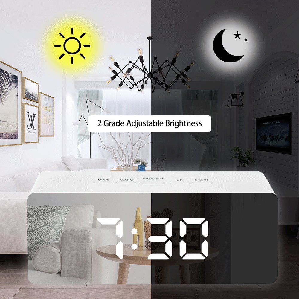 LED Electronic Alarm Clock USB Digital Mirror Clock Morning Table Clock Wake Up Light Time Temperature Display Home Decoration