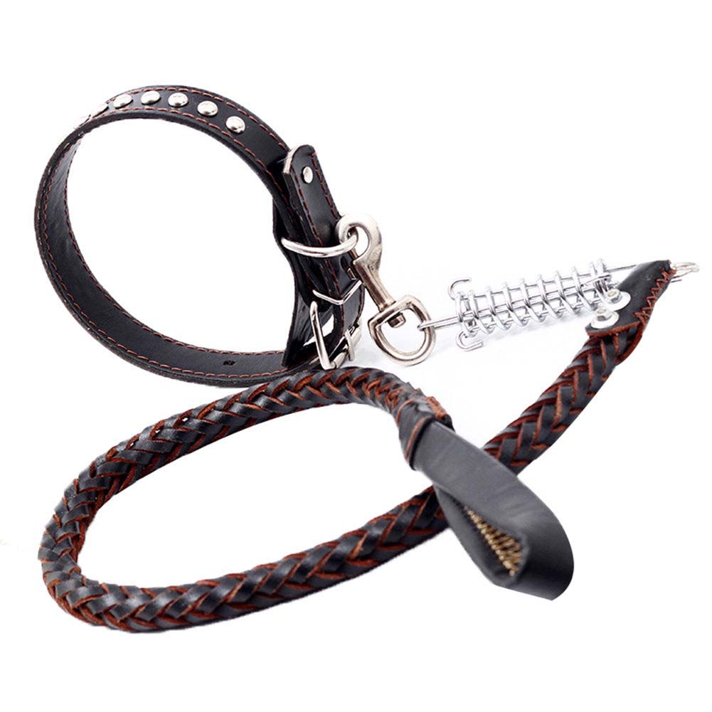 Dog Supplies Leather Weave Buffer Spring Pet Long Leash Traction Rope Collar Set For Big Dogs Leather Braid Collar and Leash Set: Black / under 20 kg