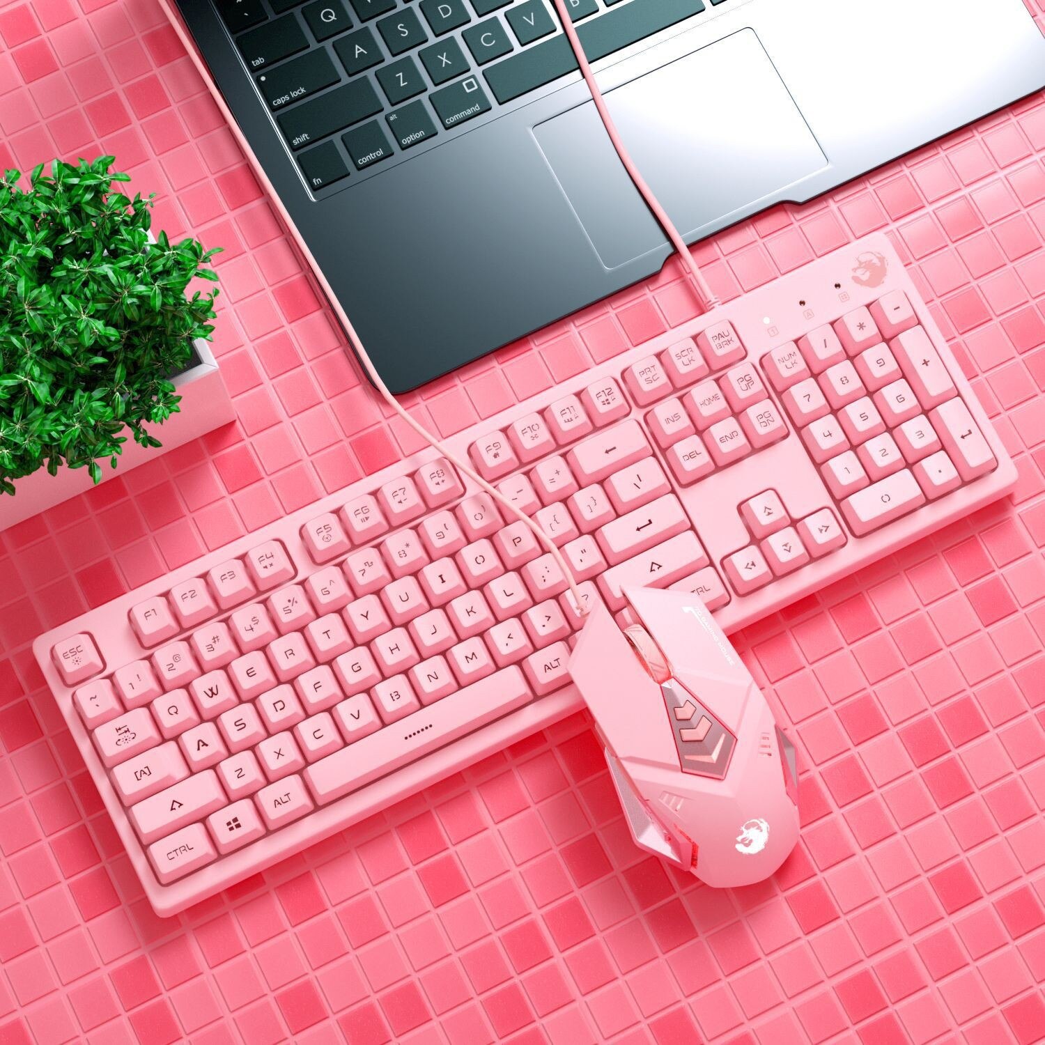 Pink Keyboard Mouse Headset Combos 104 Keys LED Backlit Gaming Keyboard 4800DPI Wired Mice Earphone with Microphons for Desktop: 2 IN 1