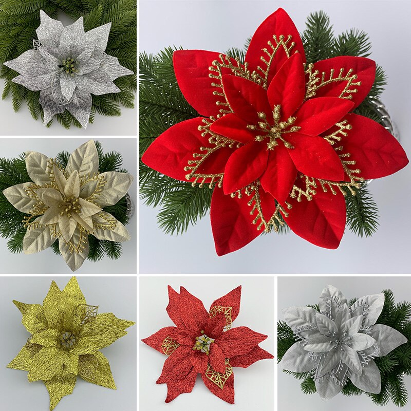 20/22Cm Holle Kunstmatige Kerst Bloemhoofdjes Voor Thuis Bruiloft Decoratie Diy Kerstboom Glitter Zijden Bloemen Kransen